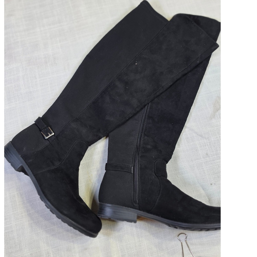 Black Faux Suede Over The Knee Tall Boots Round Toe Lug Sole Size 9.5M-WC